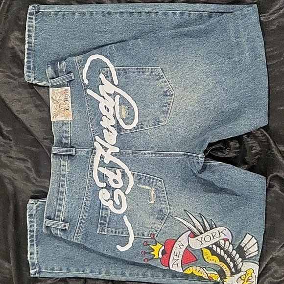 ED HARDY AUTHENTIC Embroidery Skull Painted Logo Jeans Size 30 - Picture 2 of 10